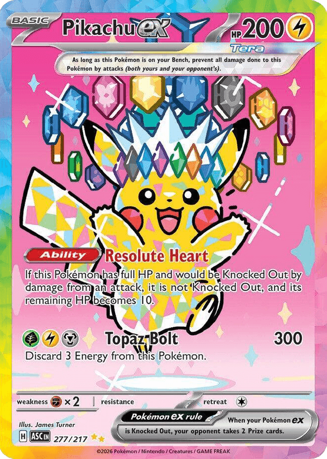 Pikachu ex 277 Special Illustration Rare with unique Pink Rainbow foil effect for Ascended Heroes Master Set