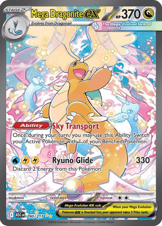 Mega Dragonite ex 290 Special Illustration Rare featuring full evolution line Dratini Dragonair for Ascended Heroes Master Set